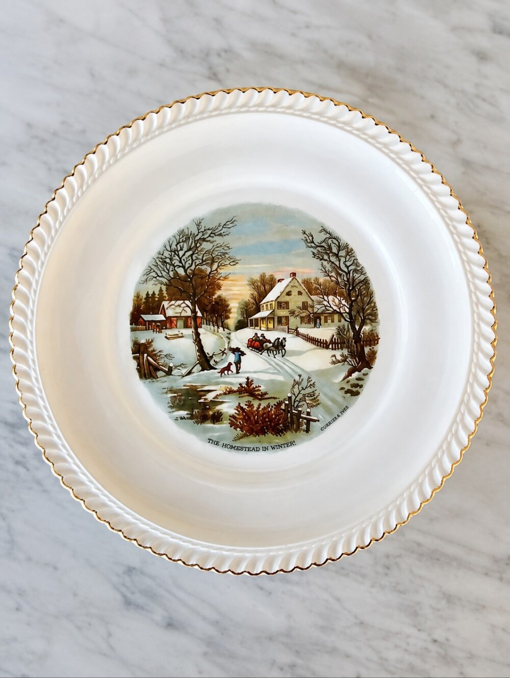 Vintage Harkerware Currier & Ives Homestead in Winter Plate 10.25" Gold Trim